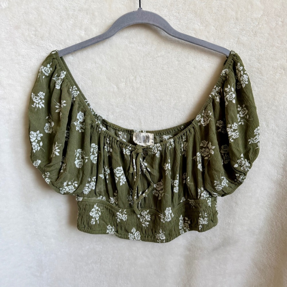 Just Found Olive Floral Off Shoulder Smocked Puff Sleeve Crop Top Sz XL